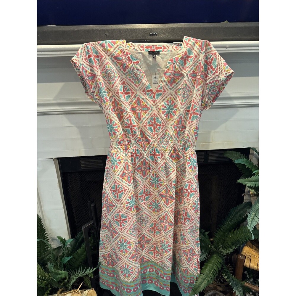 Talbots Fit And Flare Voile Midi Pink/Green Print Geometric Dress NWT